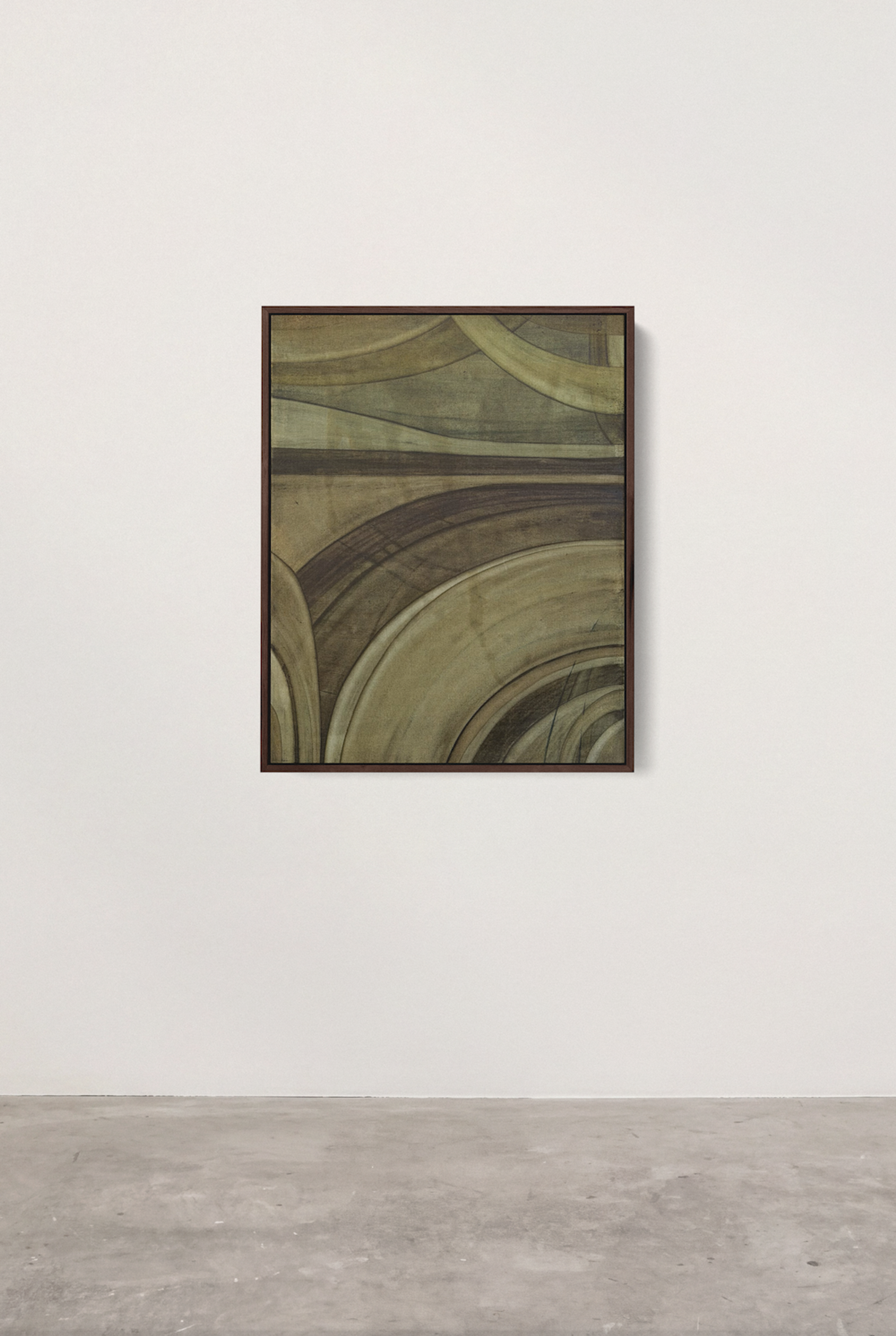 Here I Can See Real Olive Trees by Jake Paul White, a framed abstract painting with sweeping arcs of olive, gold and brown, made with green earth and olive leaf paint.