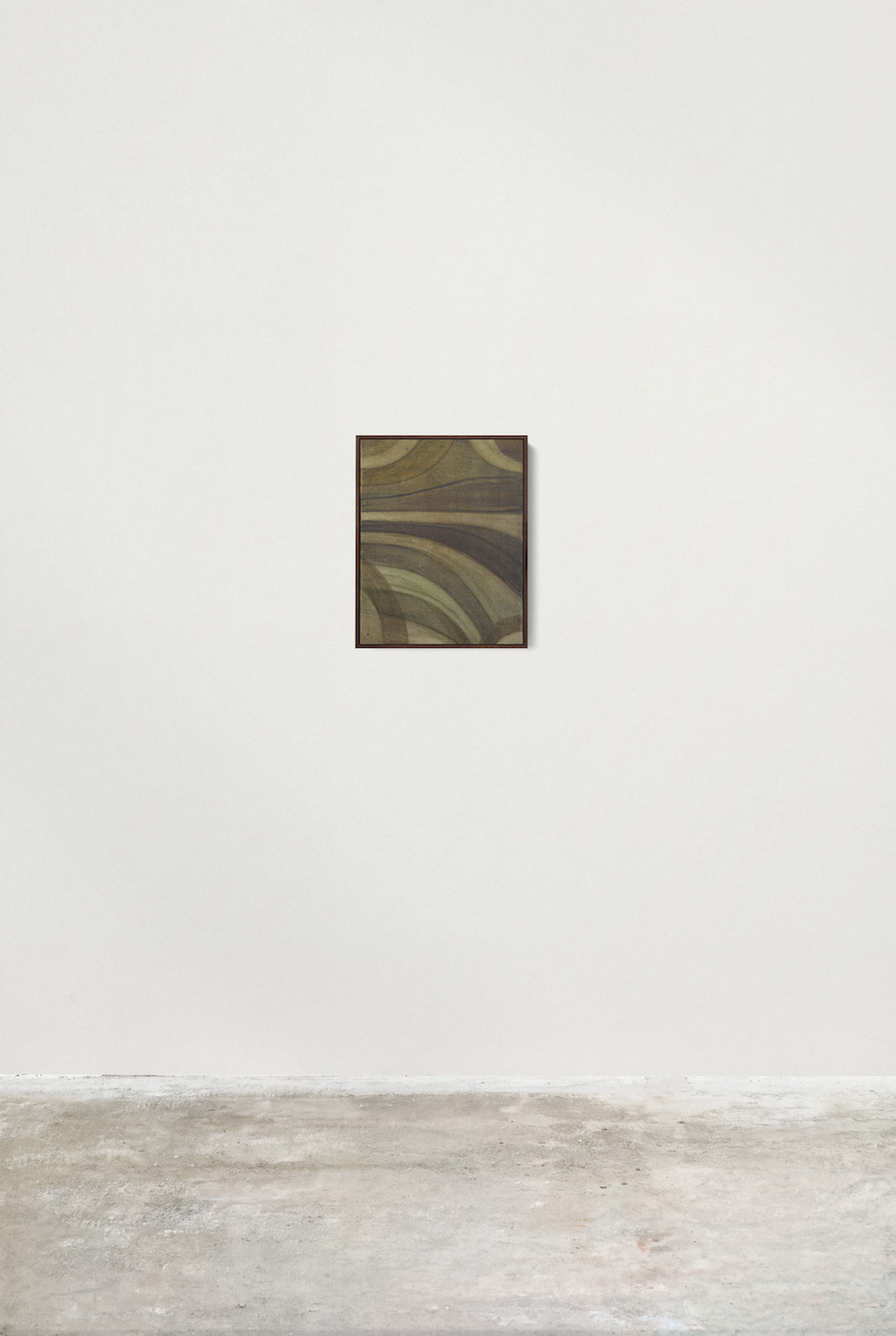Silver Side by Jake Paul White, an olive-green abstract painting made with green earth, olive leaf and rosemary pigments, hanging on a white wall.