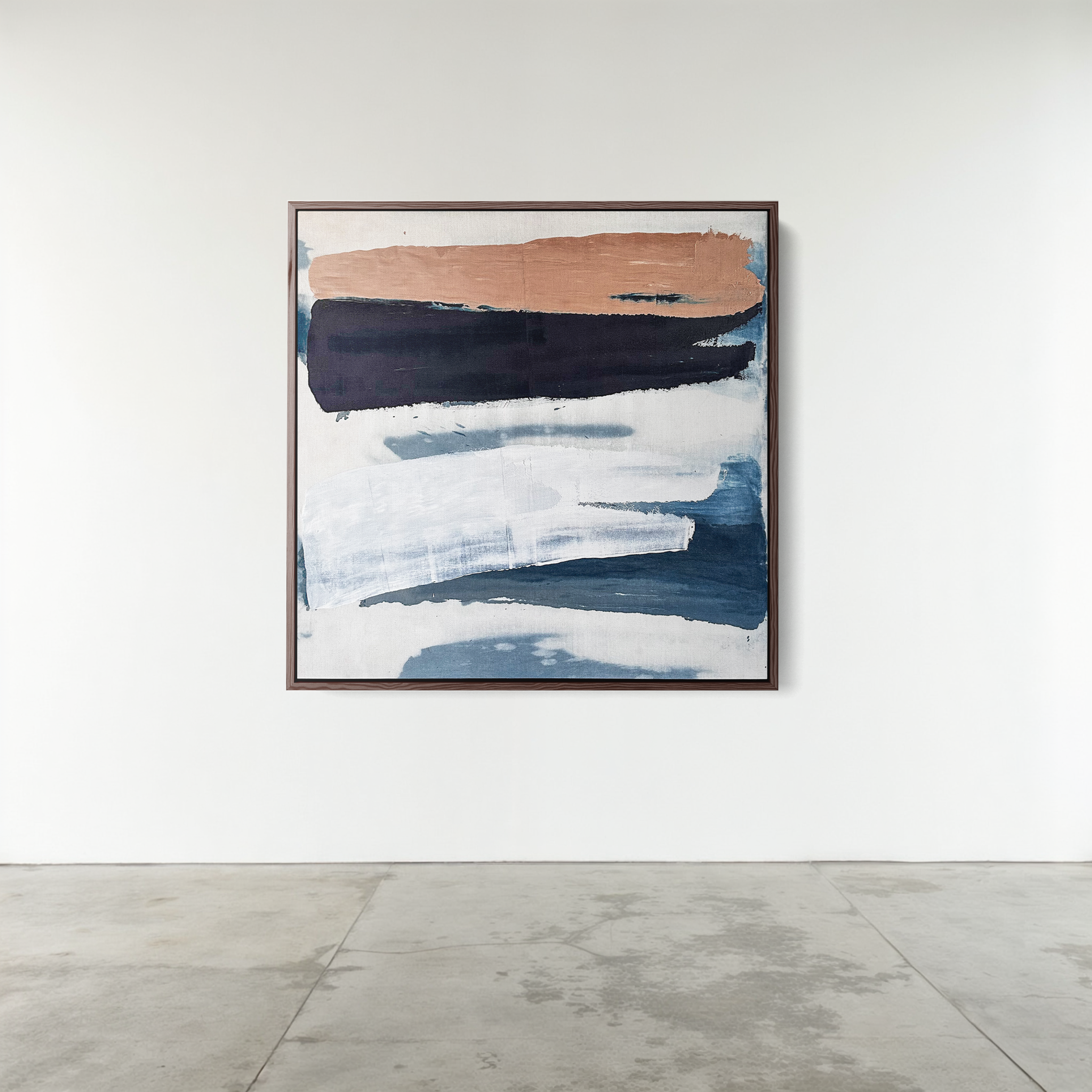 Abstract indigo painting with layered paint dragged across the surface, by Jake Paul White, hung on a white gallery wall