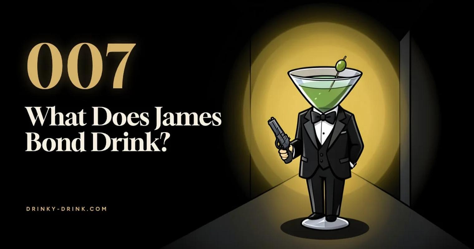 A cartoon martini glass in a black tuxedo and bow tie holding a pistol, standing in a spotlight, next to the title "007 What Does James Bond Drink?".