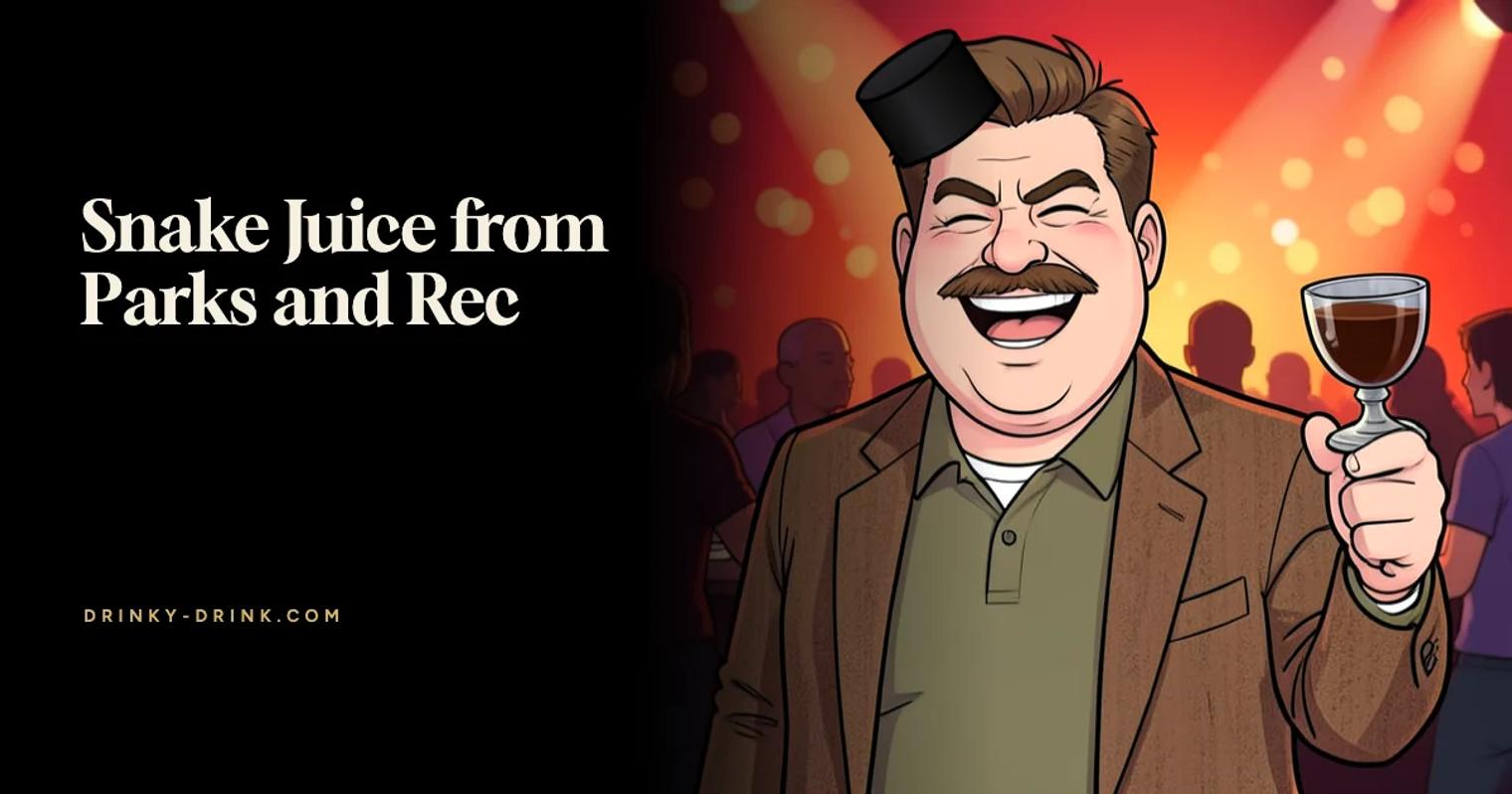 Cartoon of a stocky mustached man in a small black hat laughing and raising a chalice in a red-lit club, titled Snake Juice from Parks and Rec.