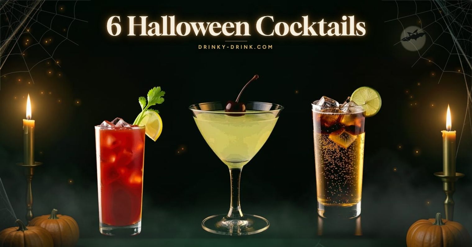 Bloody Mary, The Last Word and Dark and Stormy cocktails by candlelight with pumpkins, under the title 6 Halloween Cocktails.
