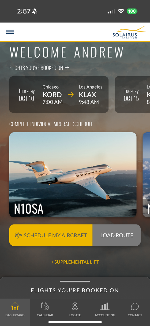 Screenshot of the Solairus private jet app