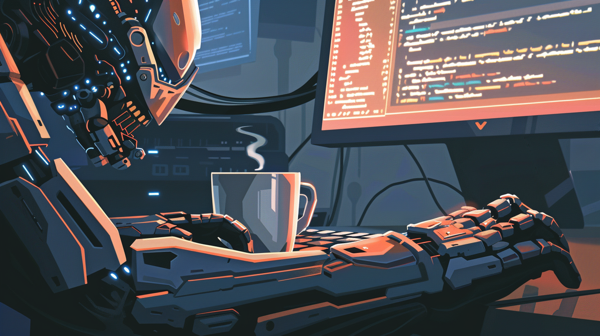 Robot writing code with a cup of coffee in a digital art format