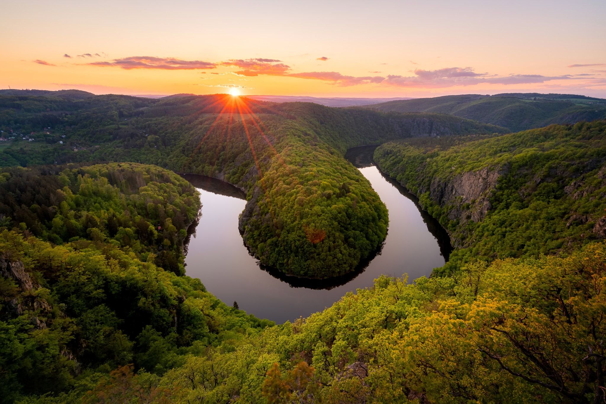 Horseshoe meander of the Vltava River viewed from Maj viewpoint at sunset, Czech Republic