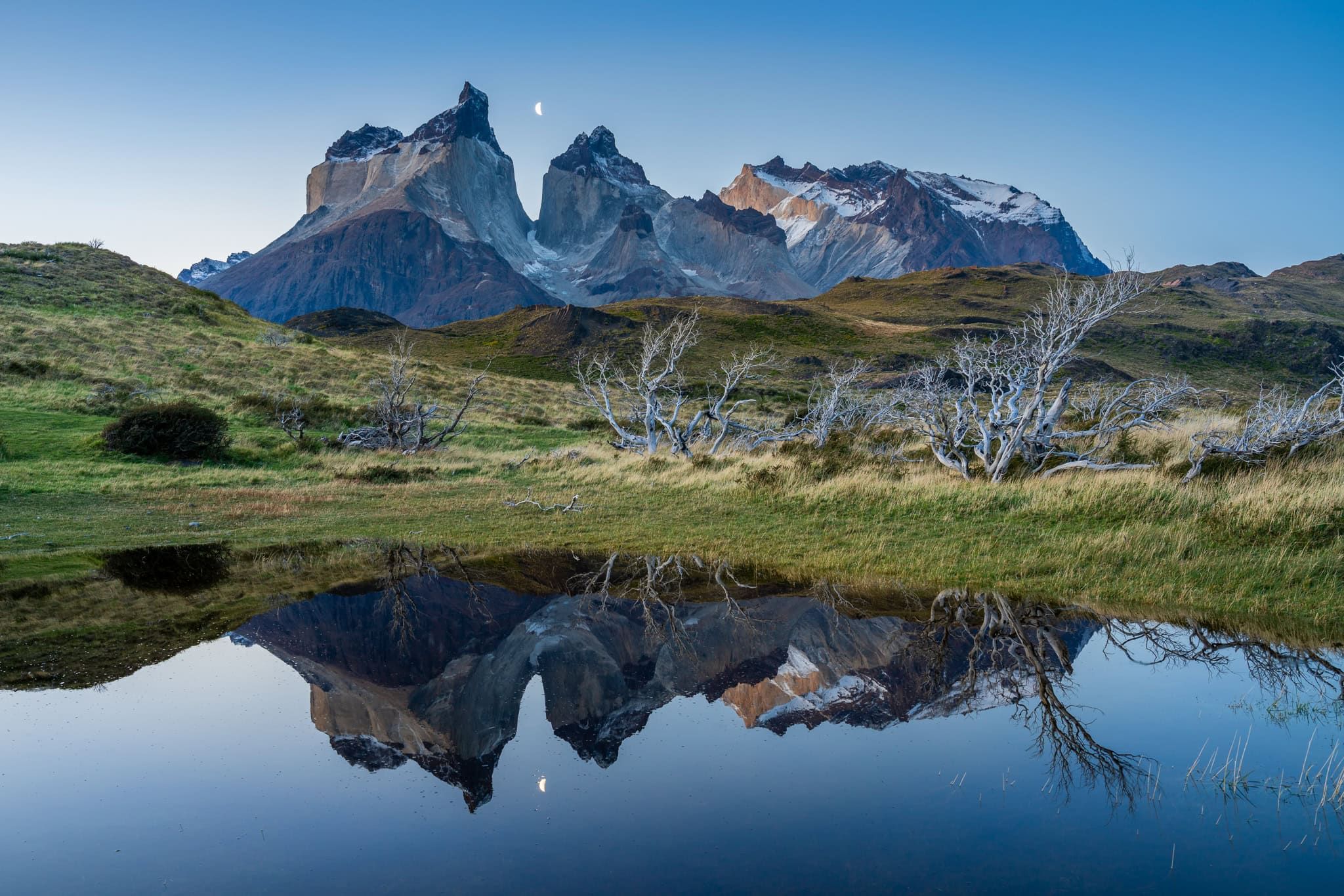 Los Cuernos peaks reflected in a tarn, Torres del Paine National Park, Chile