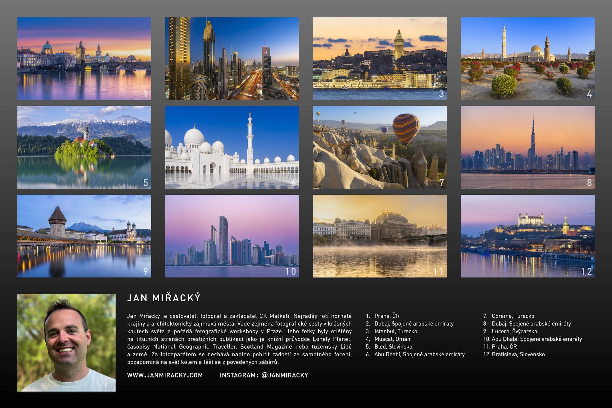 Nástěnný kalendář cestovatelské fotografie 2027, zadní strana: náhledy všech dvanácti fotografií s místy a medailonek Jana Miřackého