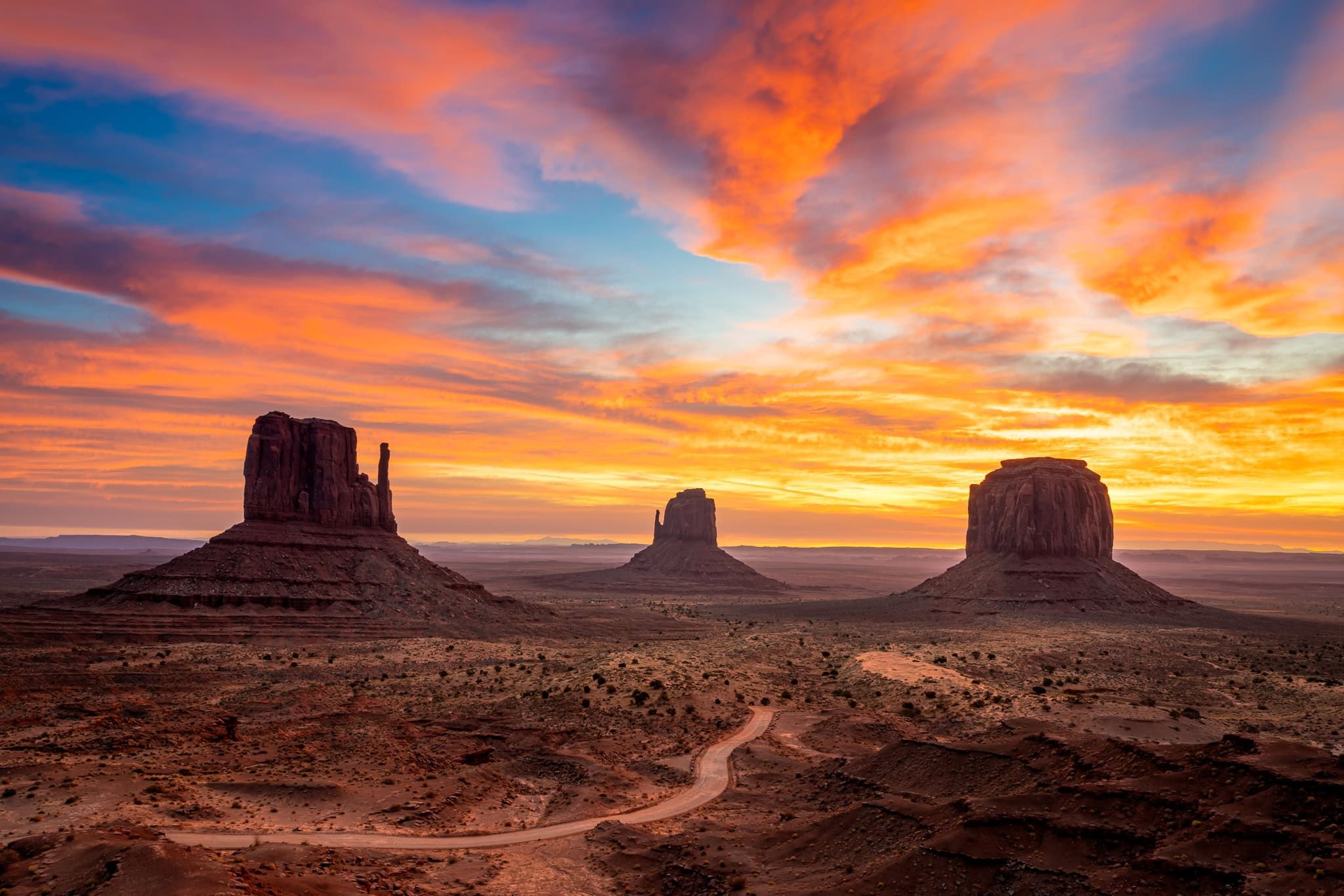 The Mittens buttes at sunrise, Monument Valley Navajo Tribal Park, Arizona, USA