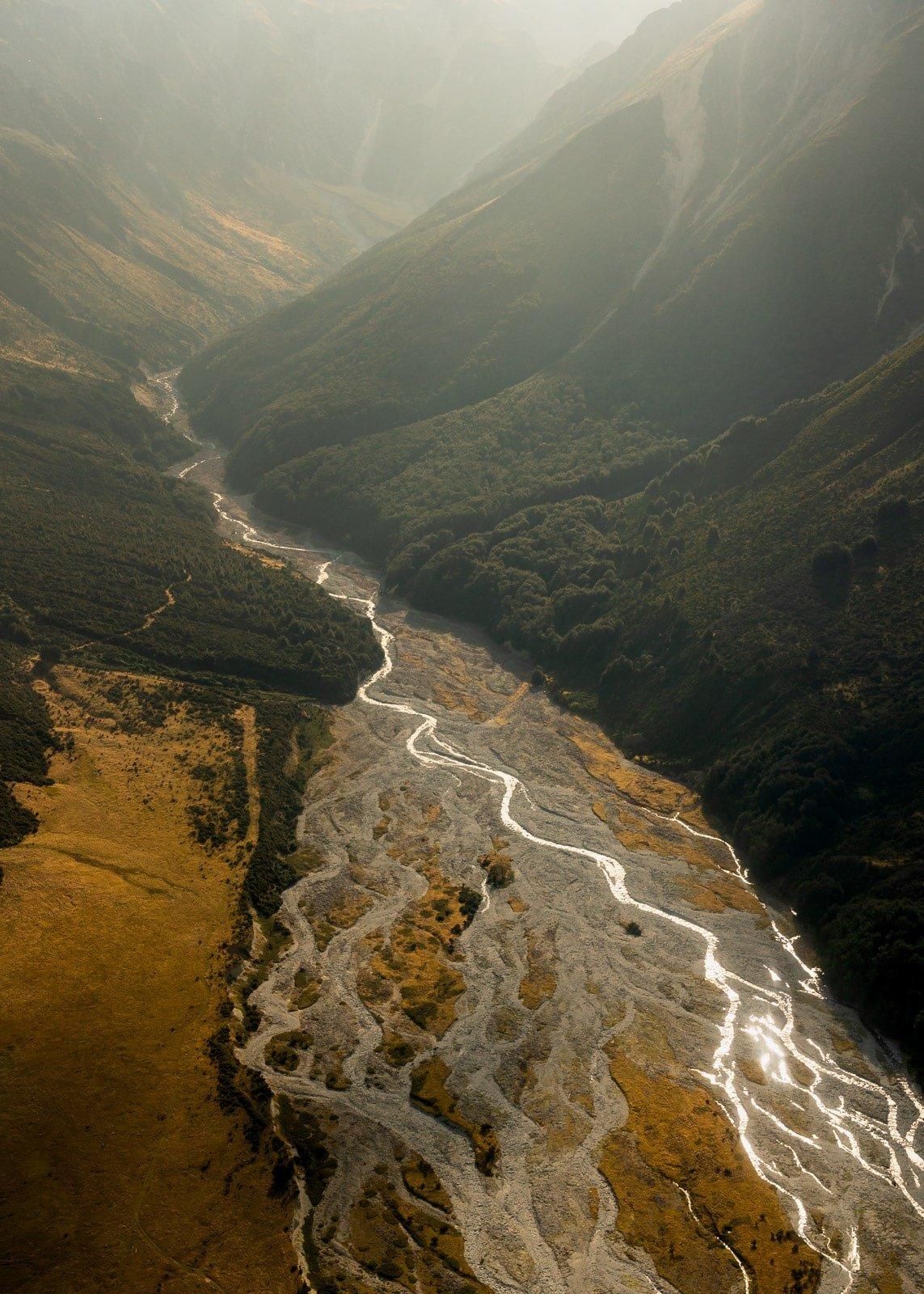 A river flowing through a valley, Aoraki / Mount Cook National Park, New Zealand