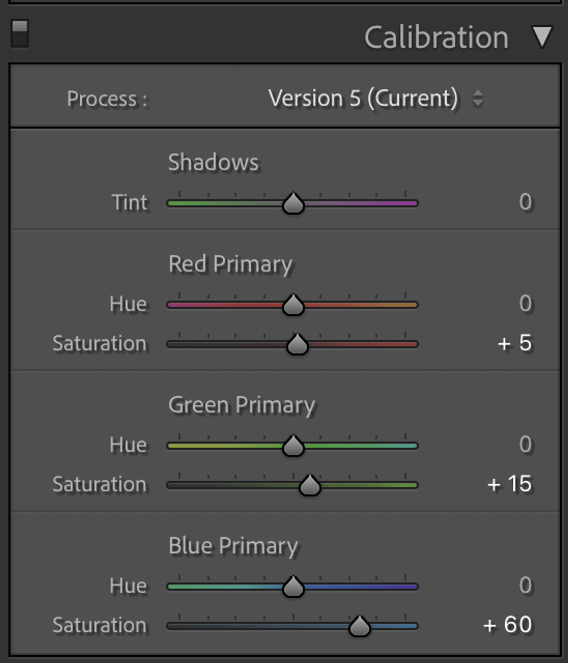 Example of my calibration settings in Lightroom
