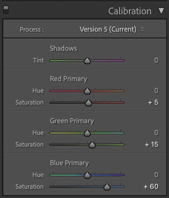 Example of my calibration settings in Lightroom