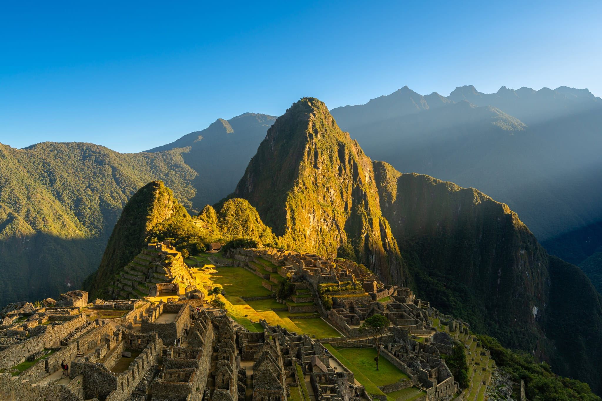 Machu Picchu ancient Incan ruins with central peak, Cusco Region, Peru