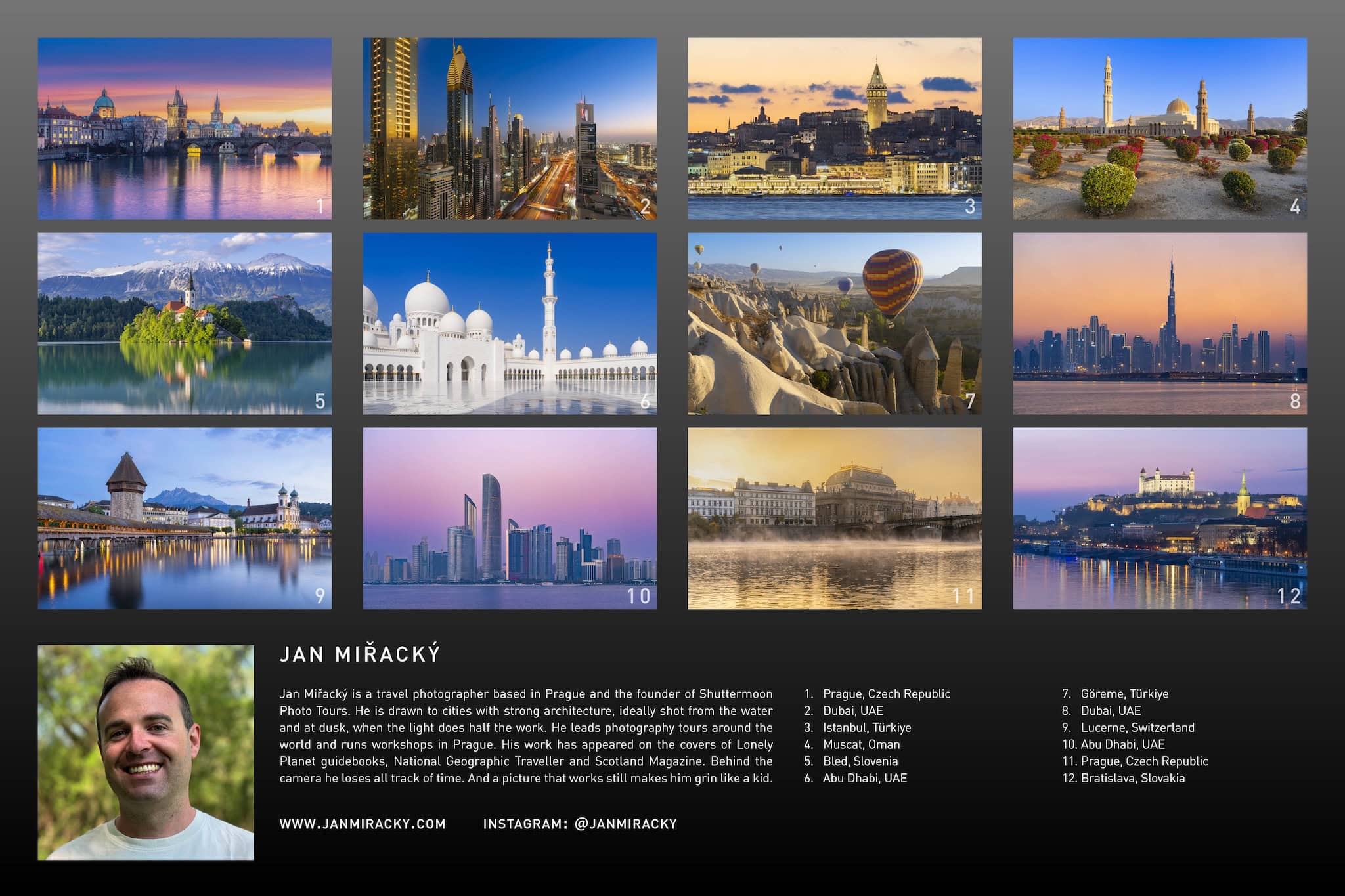2027 Travel Photography Wall Calendar, back cover: thumbnails of all twelve photographs with their locations, and a profile of Jan Miřacký