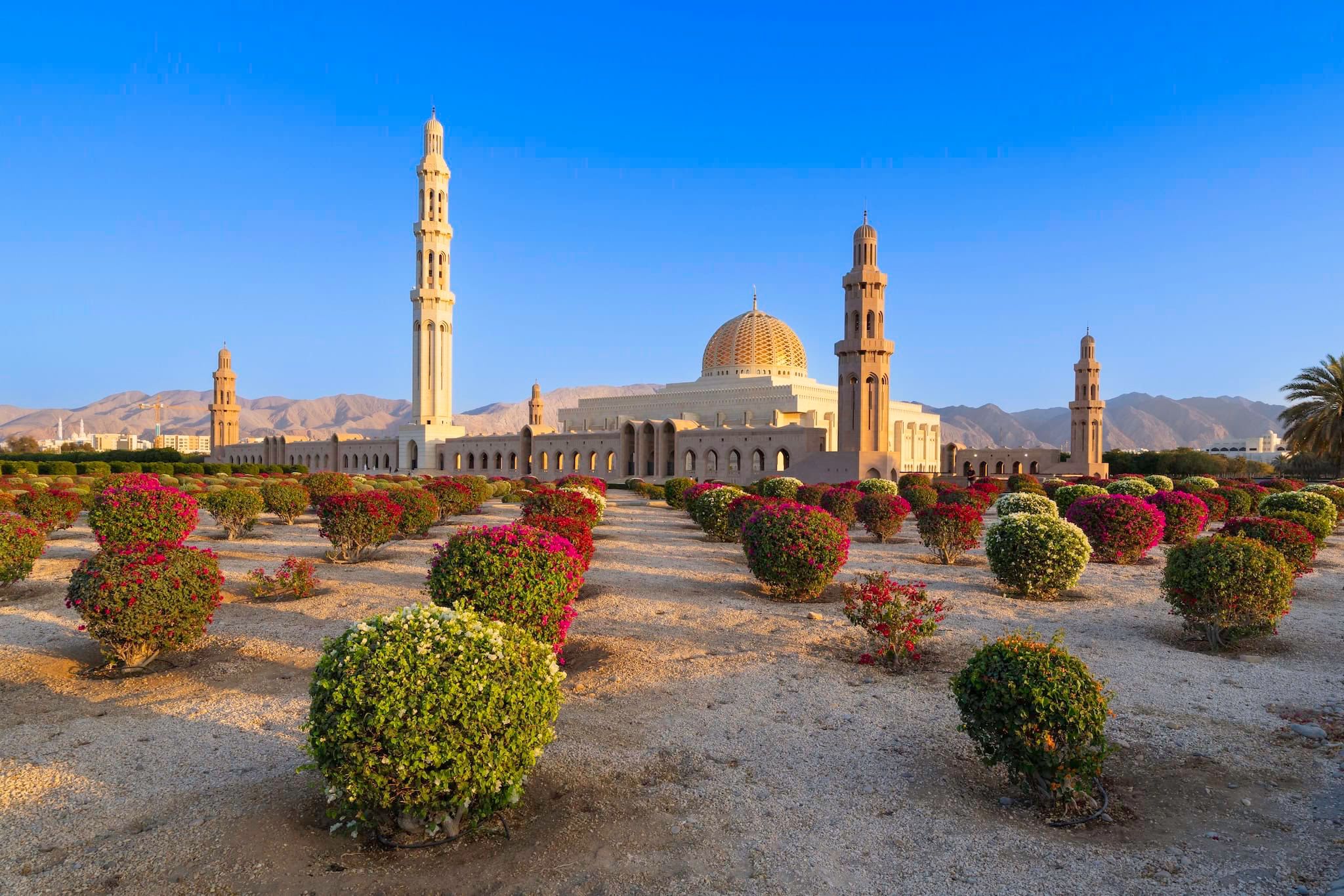 April: Mosque domes and minarets above formal gardens, Muscat, Oman