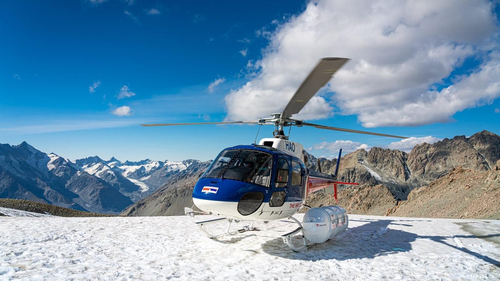 Our helicopter during snow landing, Aoraki / Mount Cook National Park, South Island, New Zealand