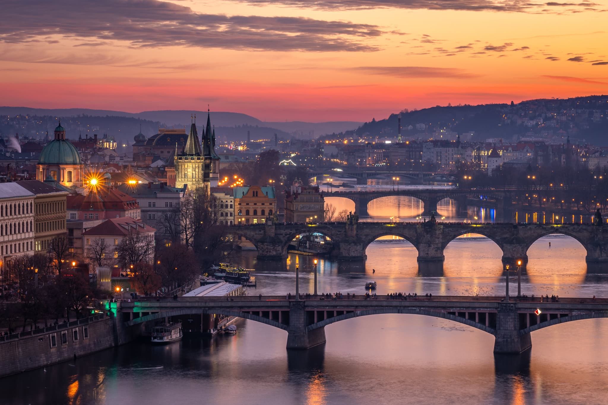 Charles Bridge and Vltava River bridges at dusk, Prague, Czech Republic
