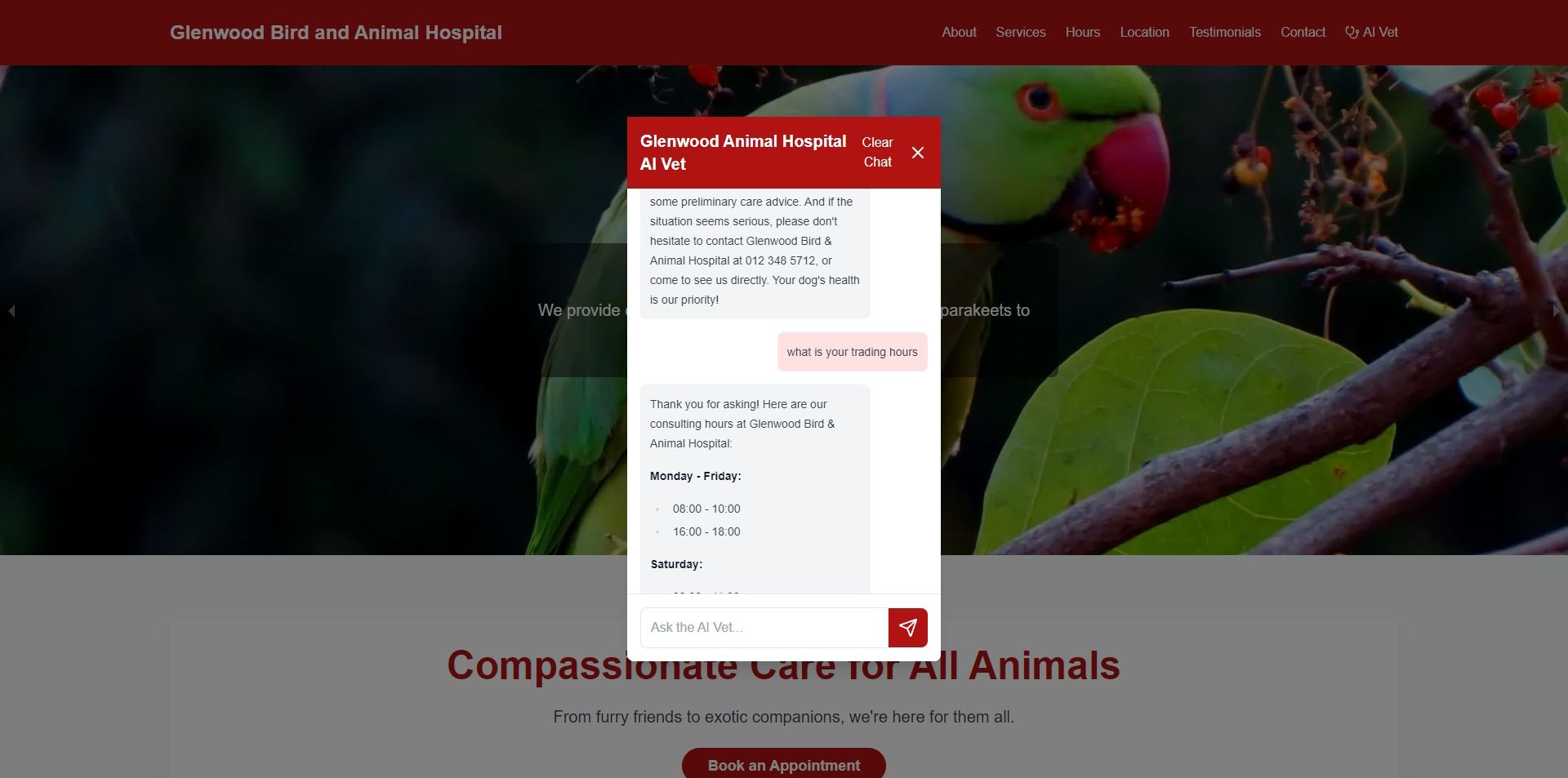 Glenwood Bird and Animal Hospital AI Customer Support