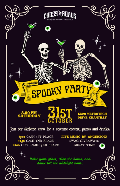 Crossroads Spooky Party, Saturday October 31st at 8 PM: costume contest with $500, $250 and $100 prizes, live music by Angerbox, swag giveaways