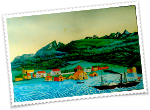 Maleri av Hamnvik Handelssted med dampskip i havna