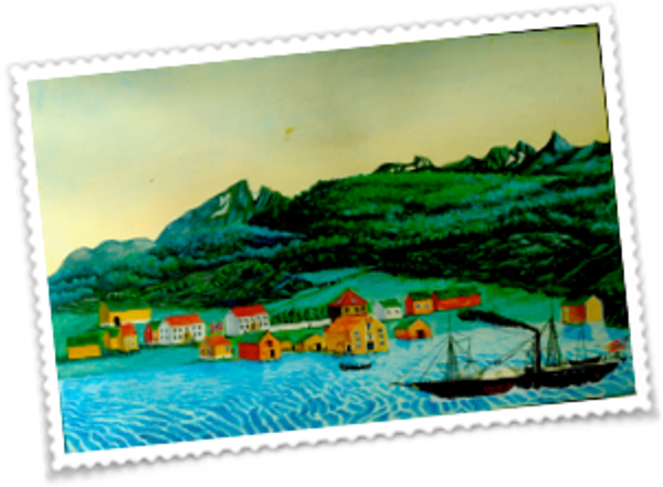 Historisk maleri av Havnviken med dampskip i havna