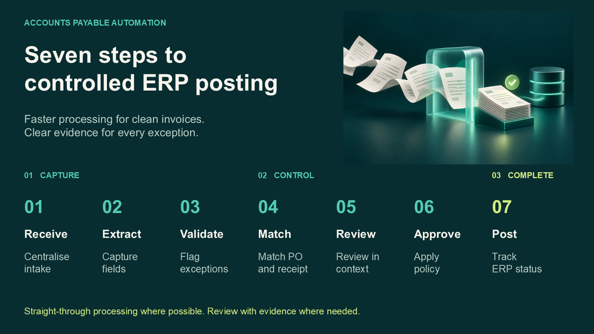 Seven-step accounts payable workflow: Receive, Extract, Validate, Match, Review, Approve, and Post, with ERP status tracking.
