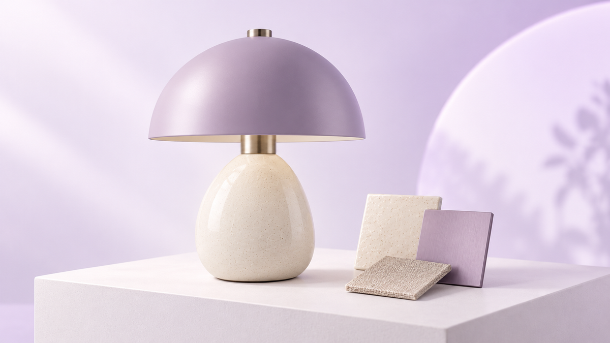 Fictional ivory and lavender table lamp beside unlabelled material swatches.