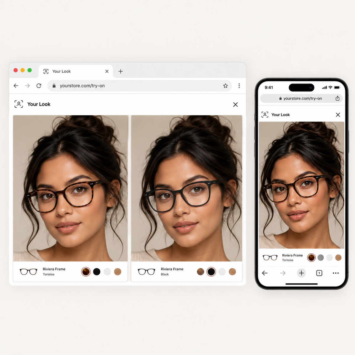Eyewear virtual try-on running directly inside a mobile web browser.