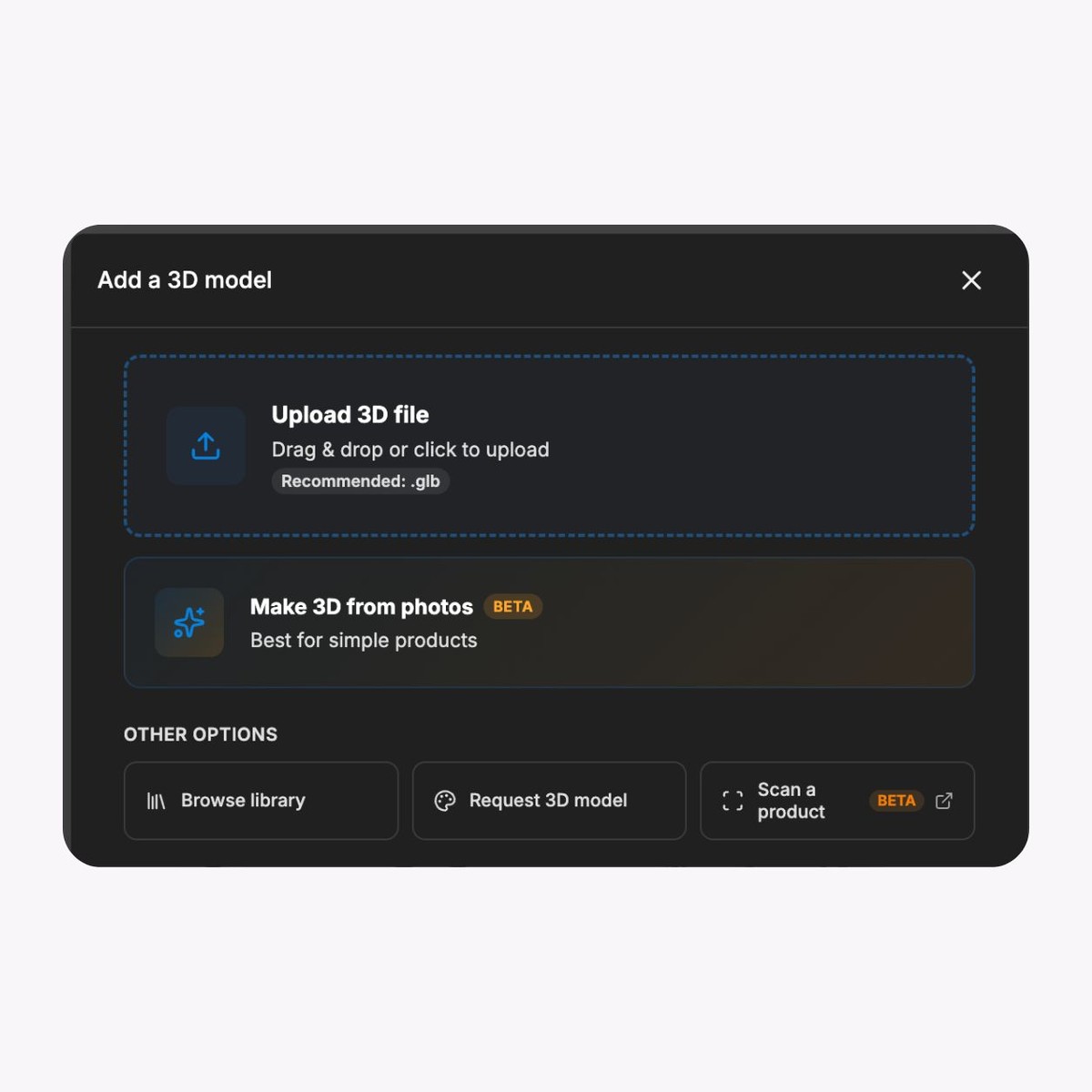 SwiftXR editor showing upload 3D model panel 
