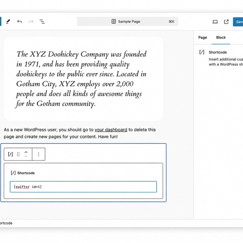SwiftXR Gutenberg block