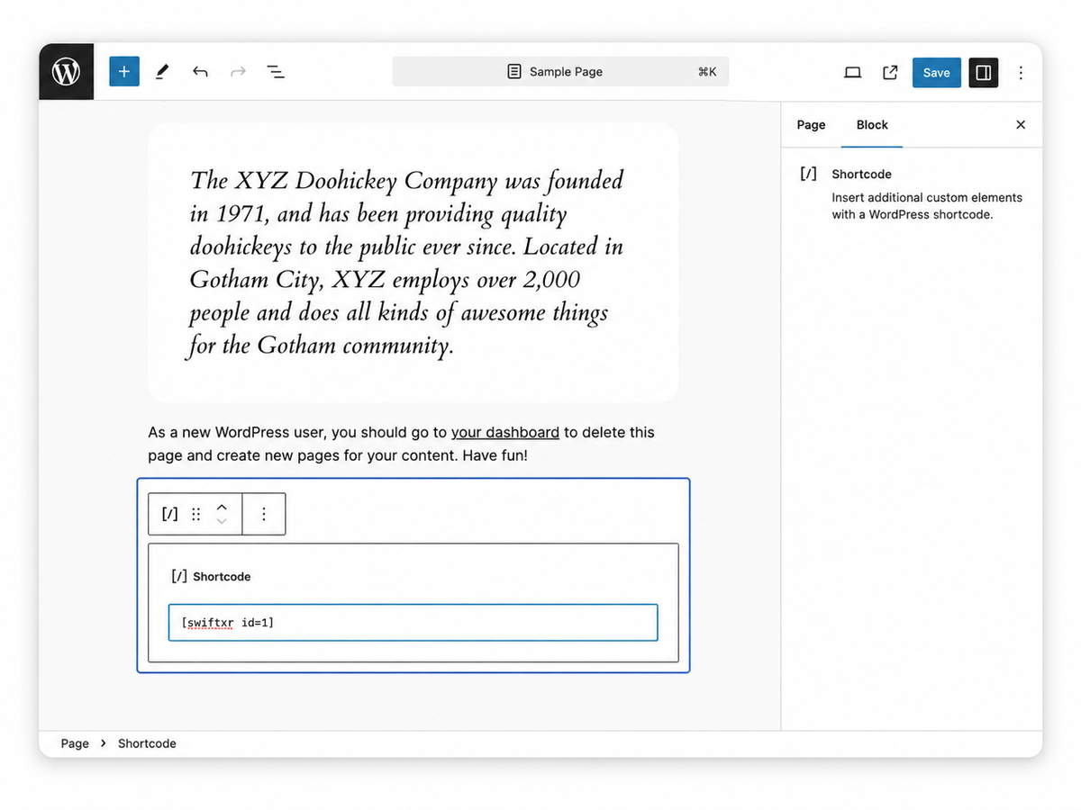 SwiftXR Gutenberg block