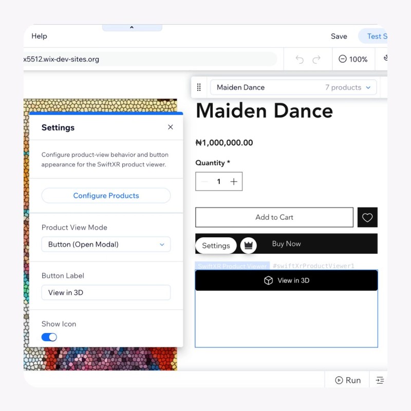 a Wix page showing the "View in your space" button, plus the small customization controls for its text and color.