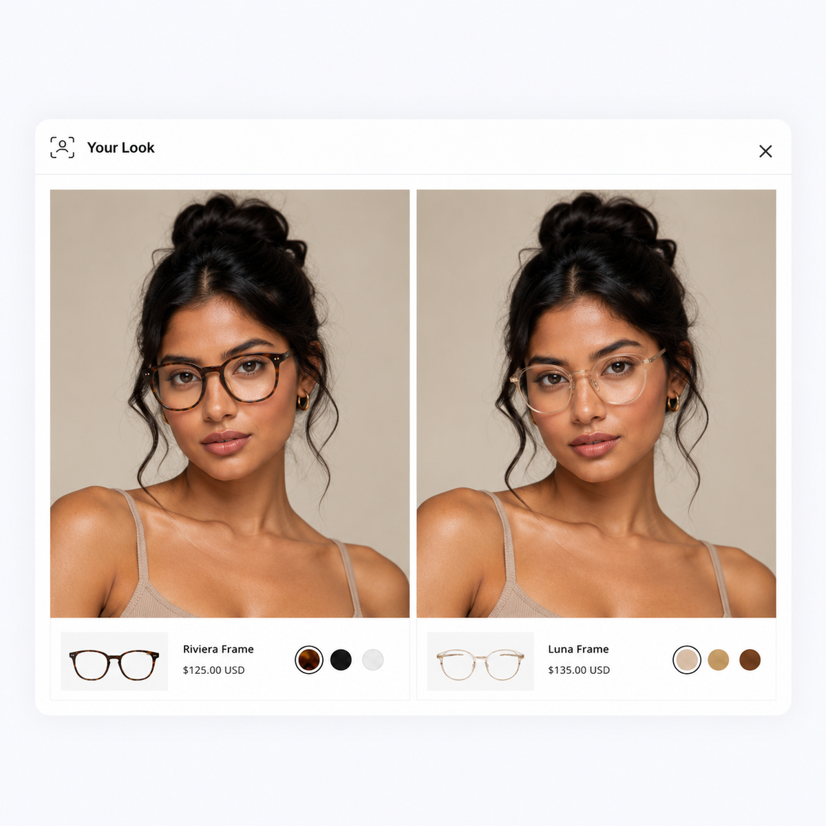 Shopper comparing different glasses styles with virtual try-on.