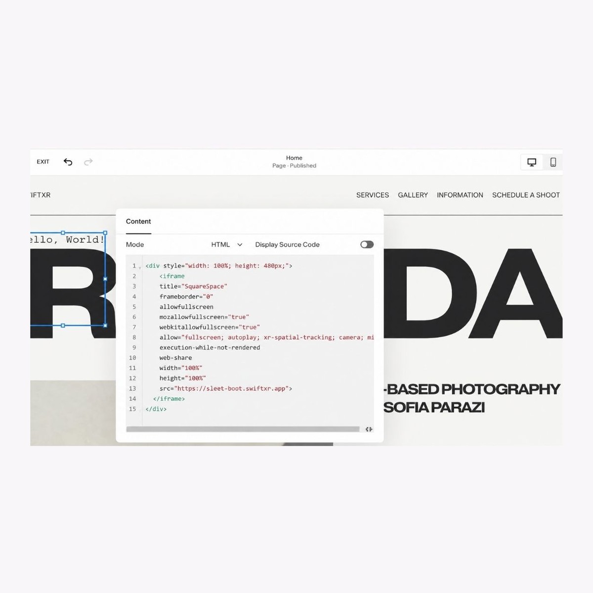 SwiftXR embed in Squarespace Code Block