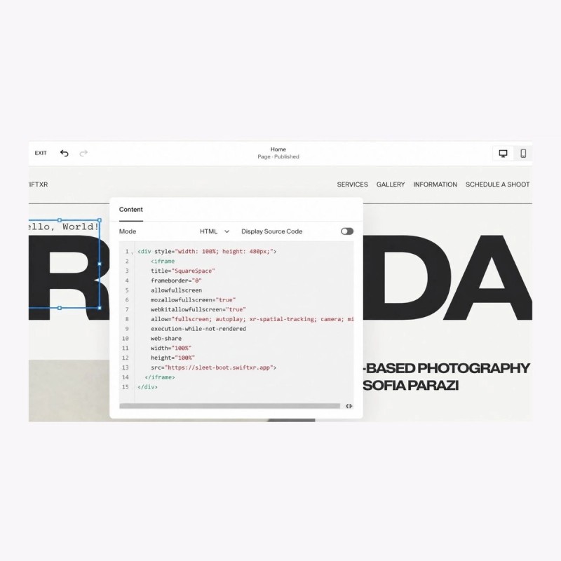 SwiftXR embed in Squarespace Code Block