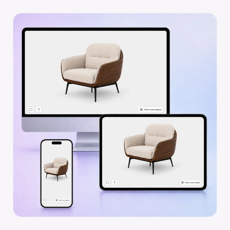 A 3D model shown responsively across phone, tablet, and laptop