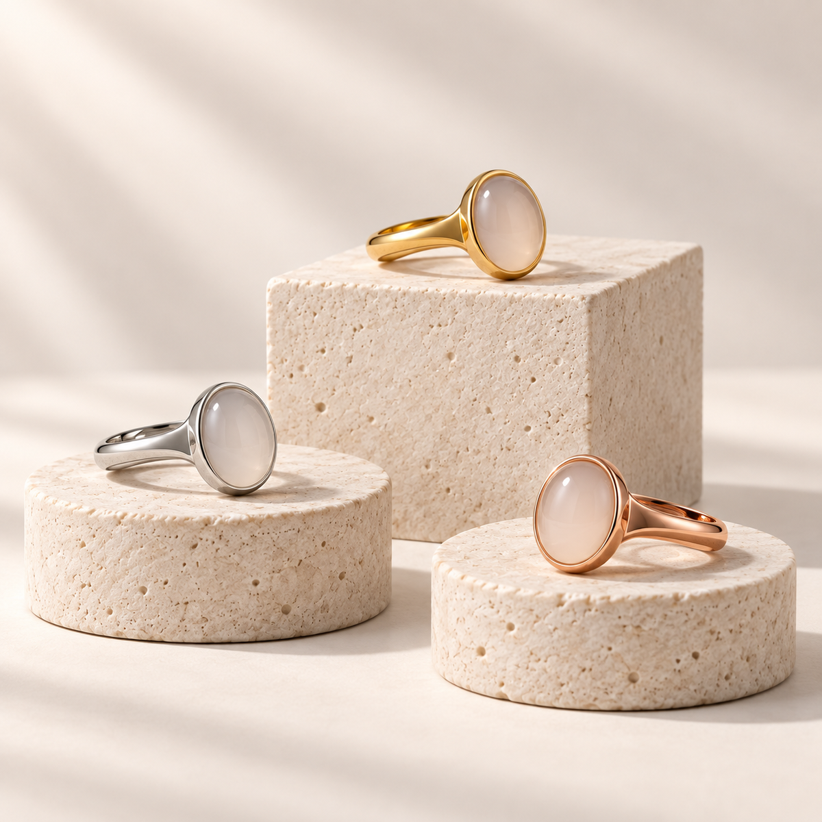 Three fictional rings shown in different metal-tone finishes.