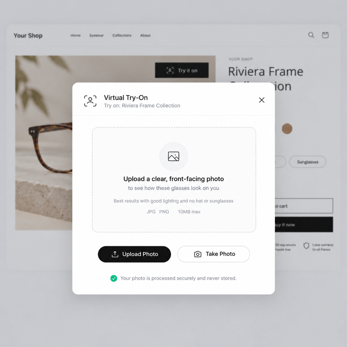 Eyewear product page shown alongside a browser-based virtual try-on experience.