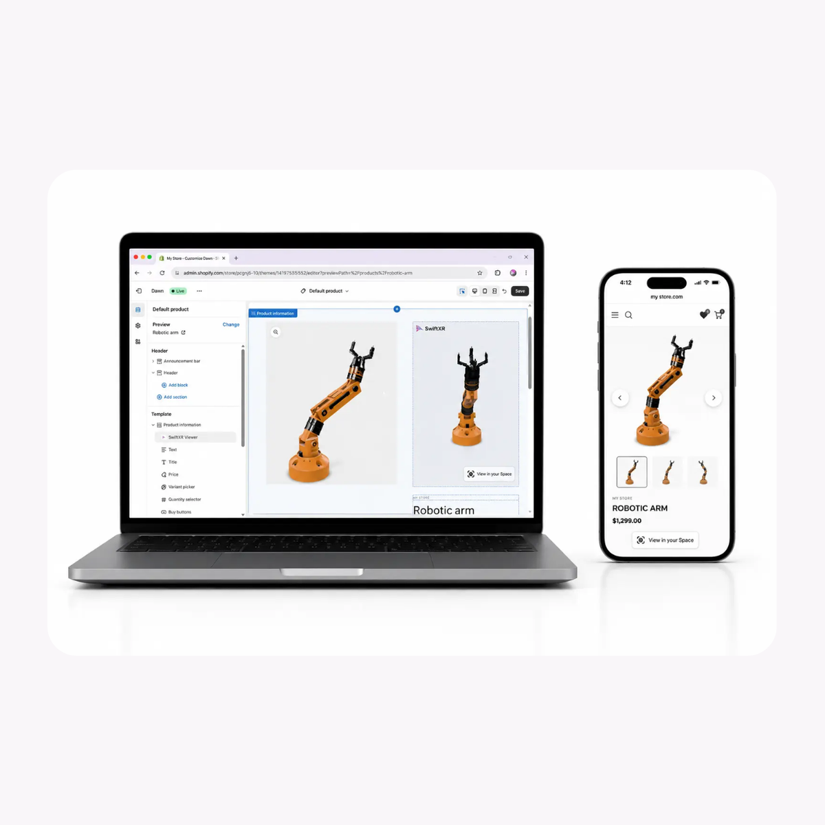 SwiftXR 3D viewer embedded on a Shopify product page showing a robotic arm with AR button in the theme editor.