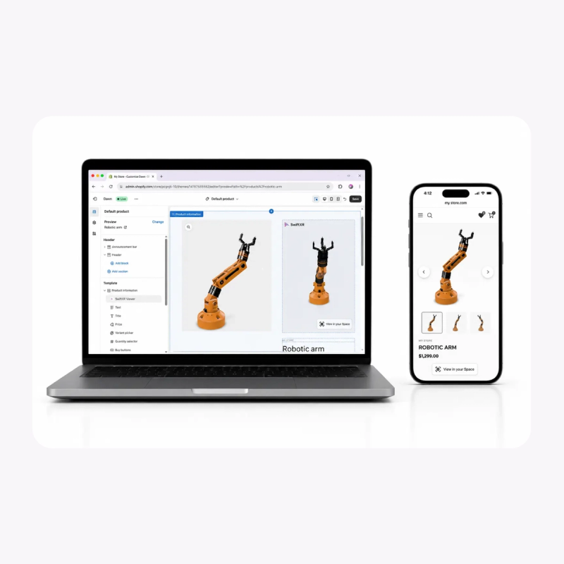 SwiftXR 3D viewer embedded on a Shopify product page showing a robotic arm with AR button in the theme editor.