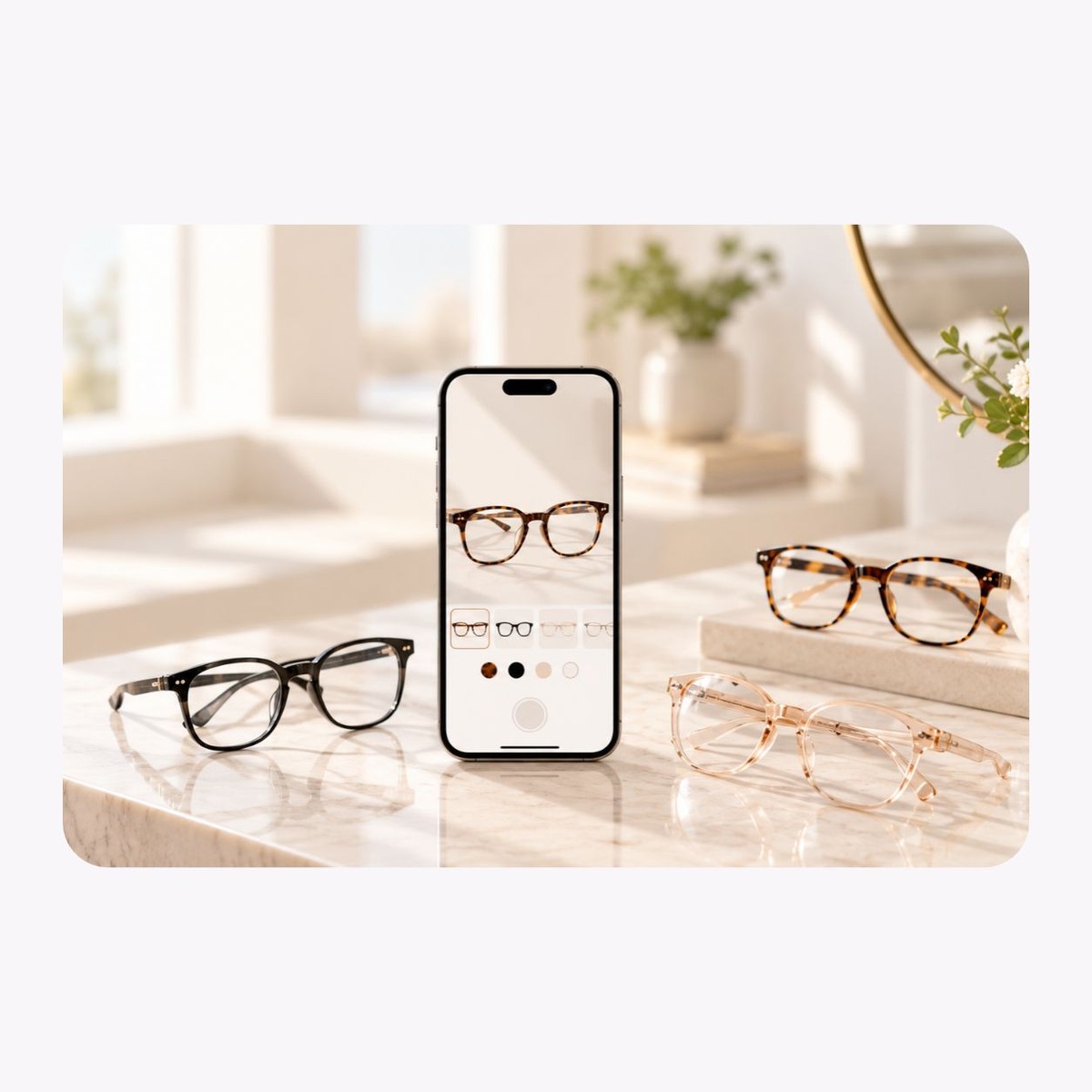 Different eyewear frame styles shown through browser-based virtual try-on.