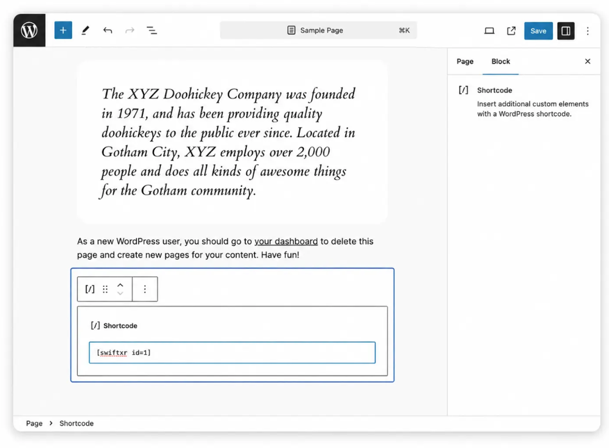 SwiftXR Gutenberg block