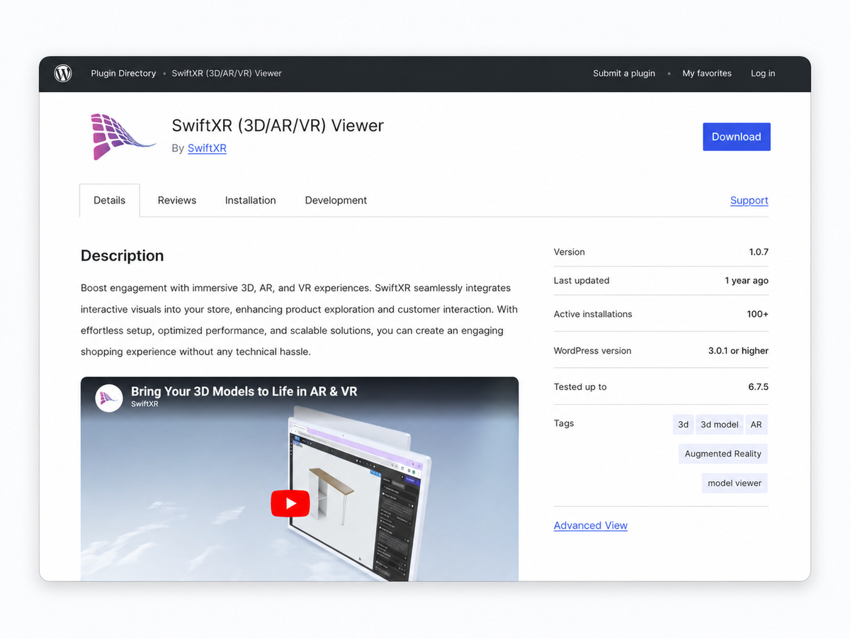 SwiftXR in the WordPress plugin directory