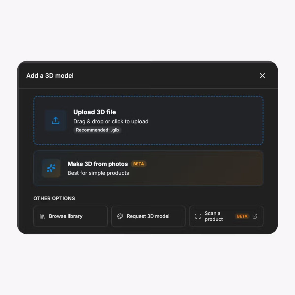 The SwiftXR upload screen showing the supported format badges and the import.