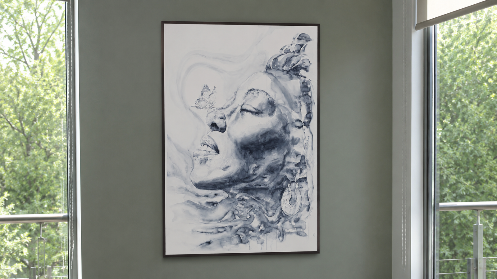 Framed artwork on a real wall at true scale via AR, shown in a furnished room for scale.