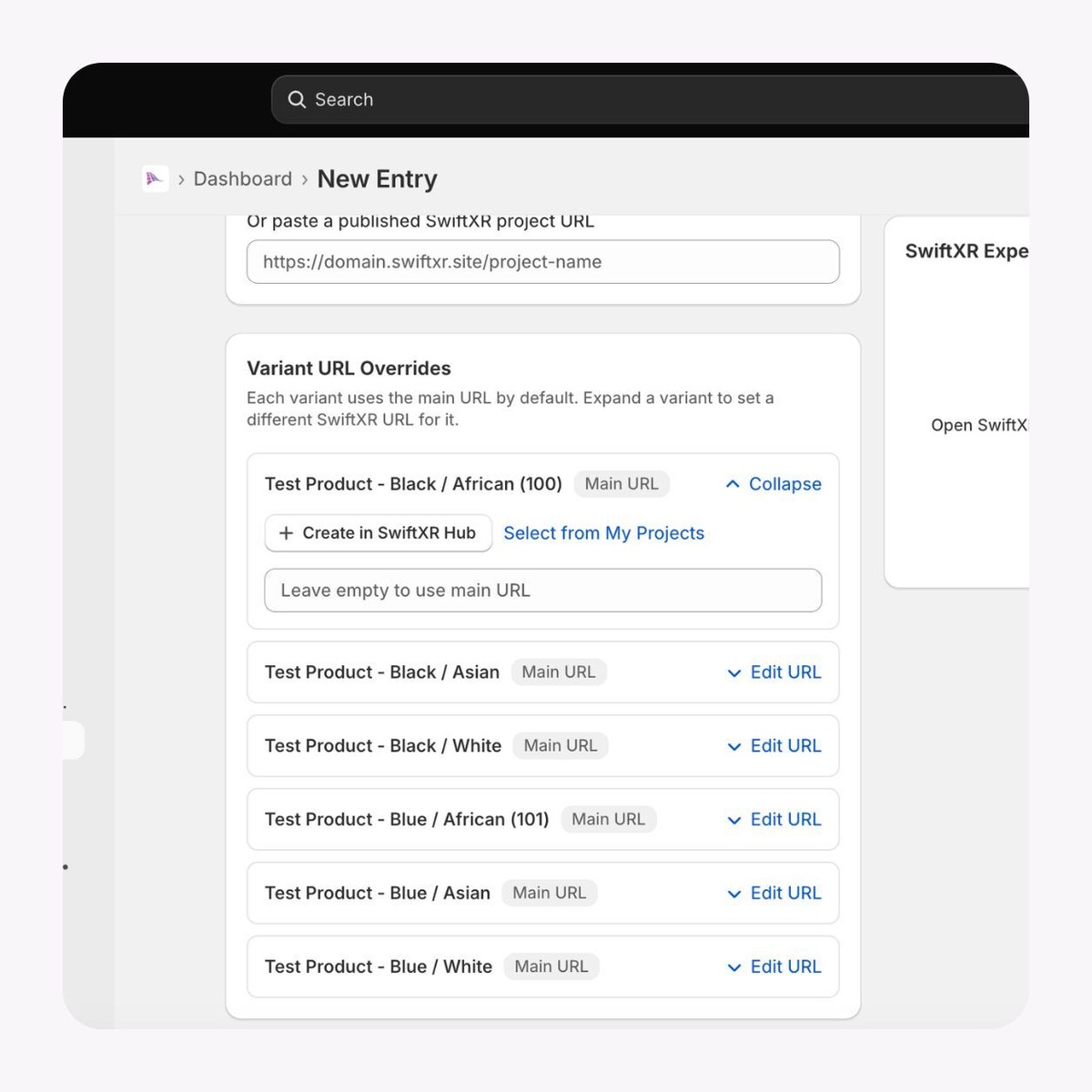SwiftXR Viewer showing variants configurations