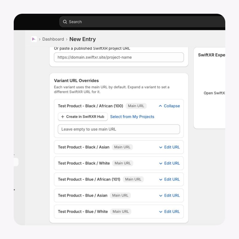 SwiftXR Viewer showing variants configurations