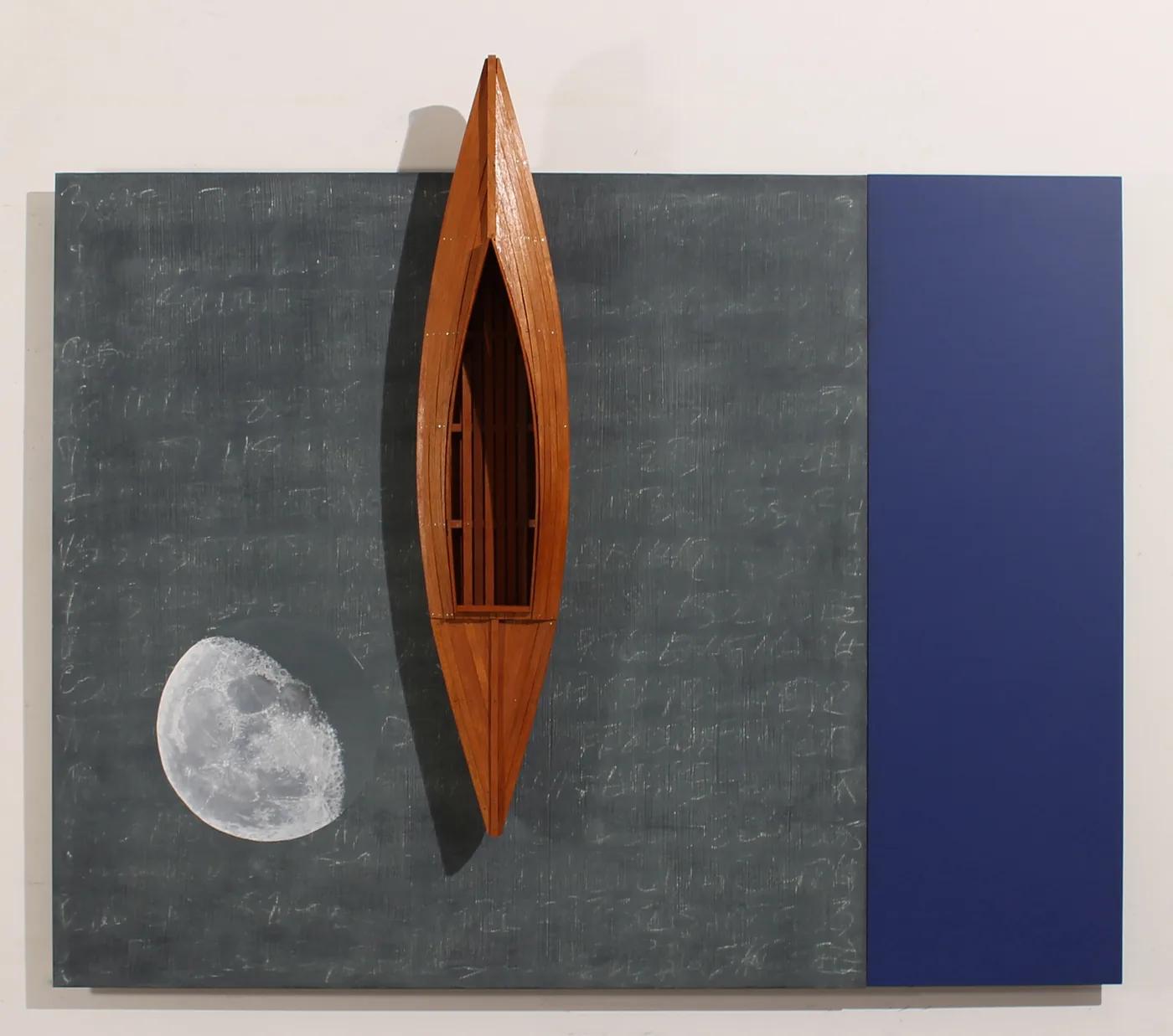 David RUDDELL, Blackboard with Moon, Blue Strip, Mahogany Boat