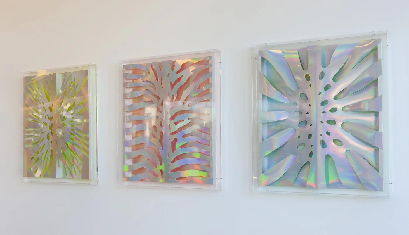 Thomas GLASSFORD, acrylic on holographic paper, mounted on anodized aluminum in a plexiglas frame, 23.5 x 20.5 inches each Location: Floor 3 Waiting