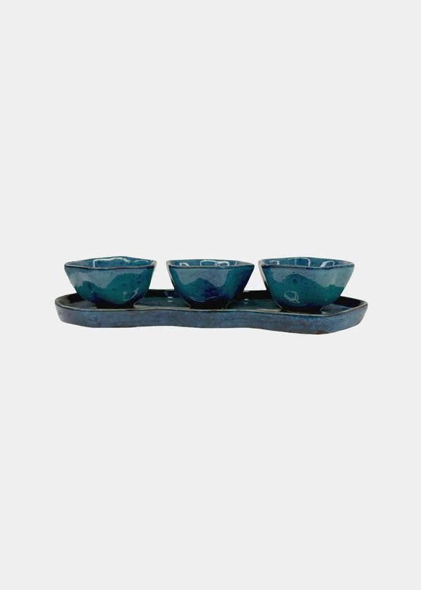 Set Aperitivo Bandeja e 3 Bowls Cerâmica Azul