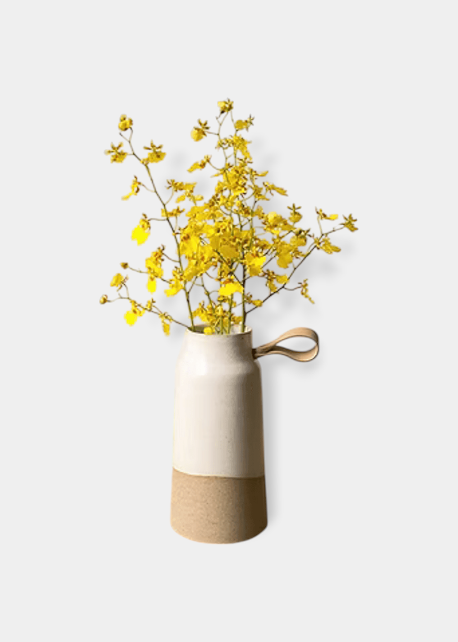 Vaso De Cerâmica Areia Com Couro - Pequeno